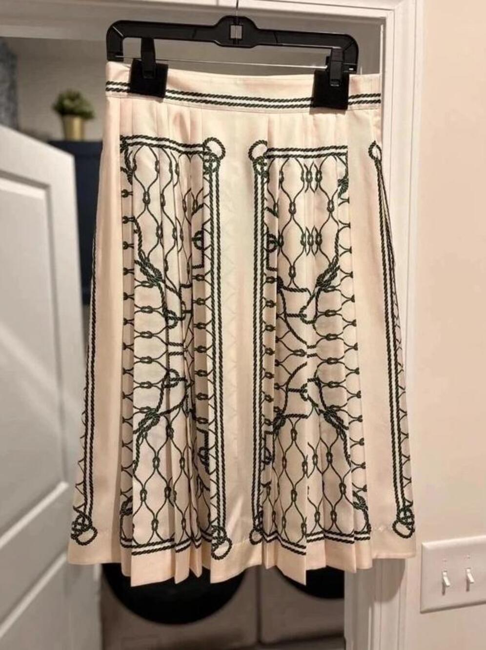 Green Rope Pleated 100% Silk Midi Skirt US 10